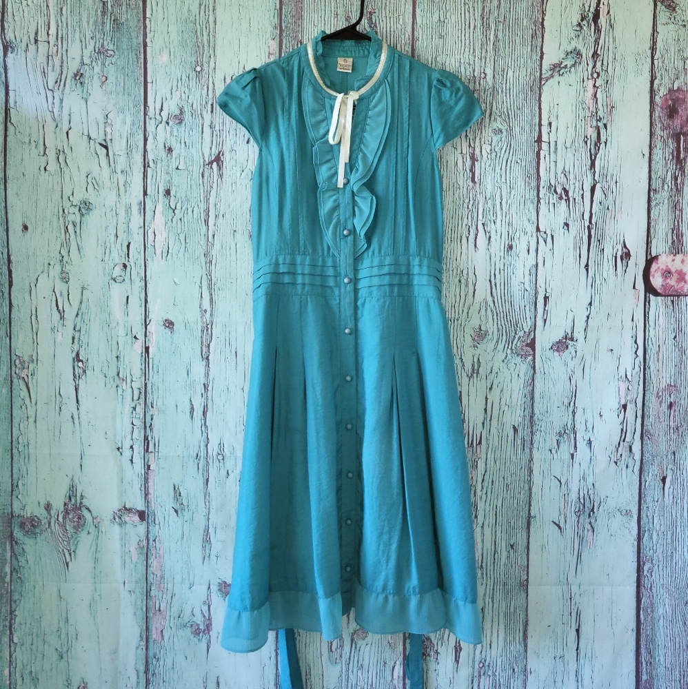 Emerald Ruffled Yoke Bib Ribbon Dress
